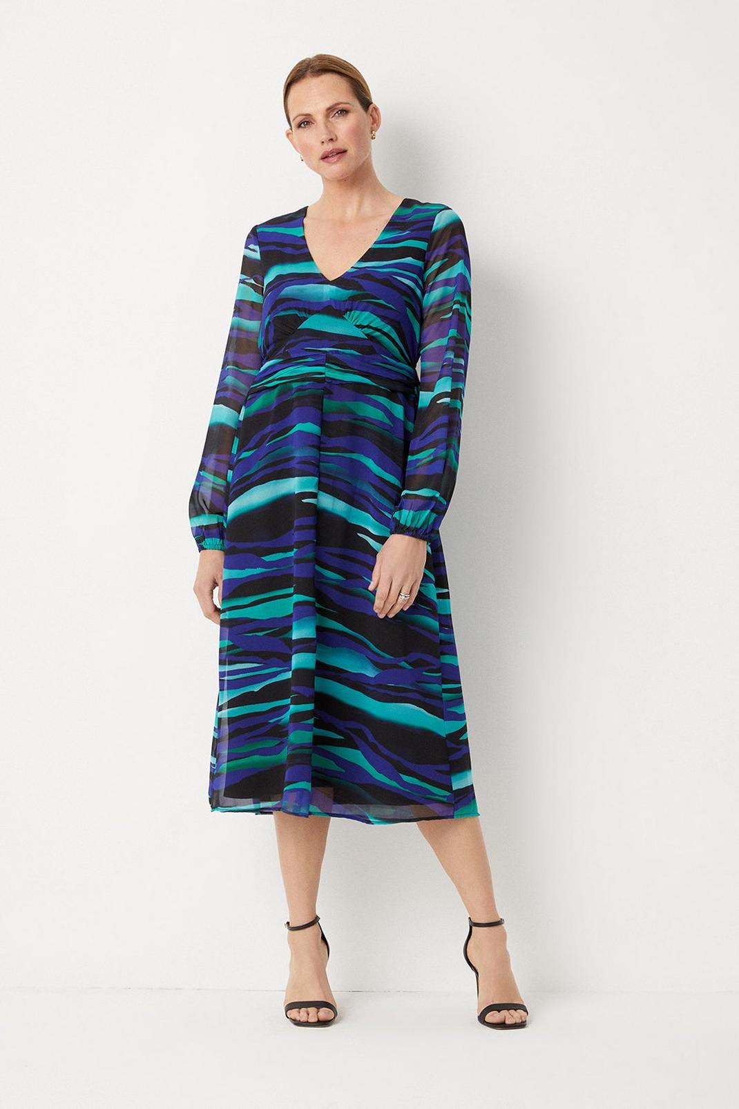 Petite Teal Stripe Ruched Front Midi Dress image number 1