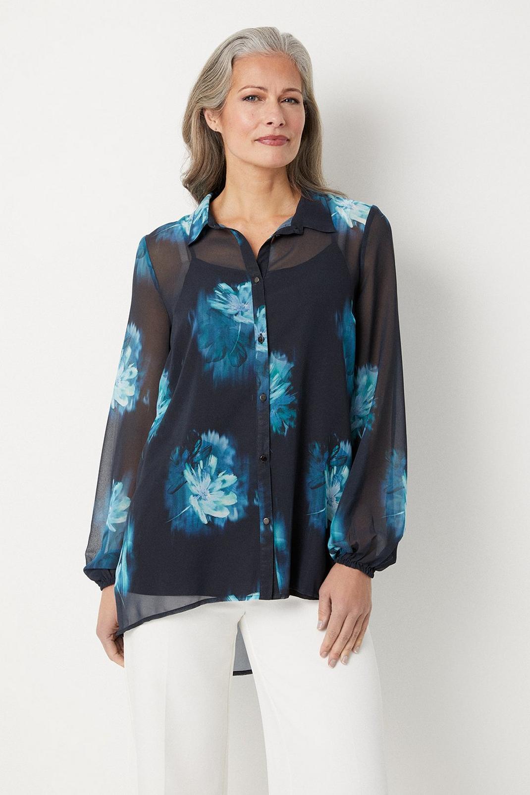 Teal Blurred Floral Button Through Shirt image number 1