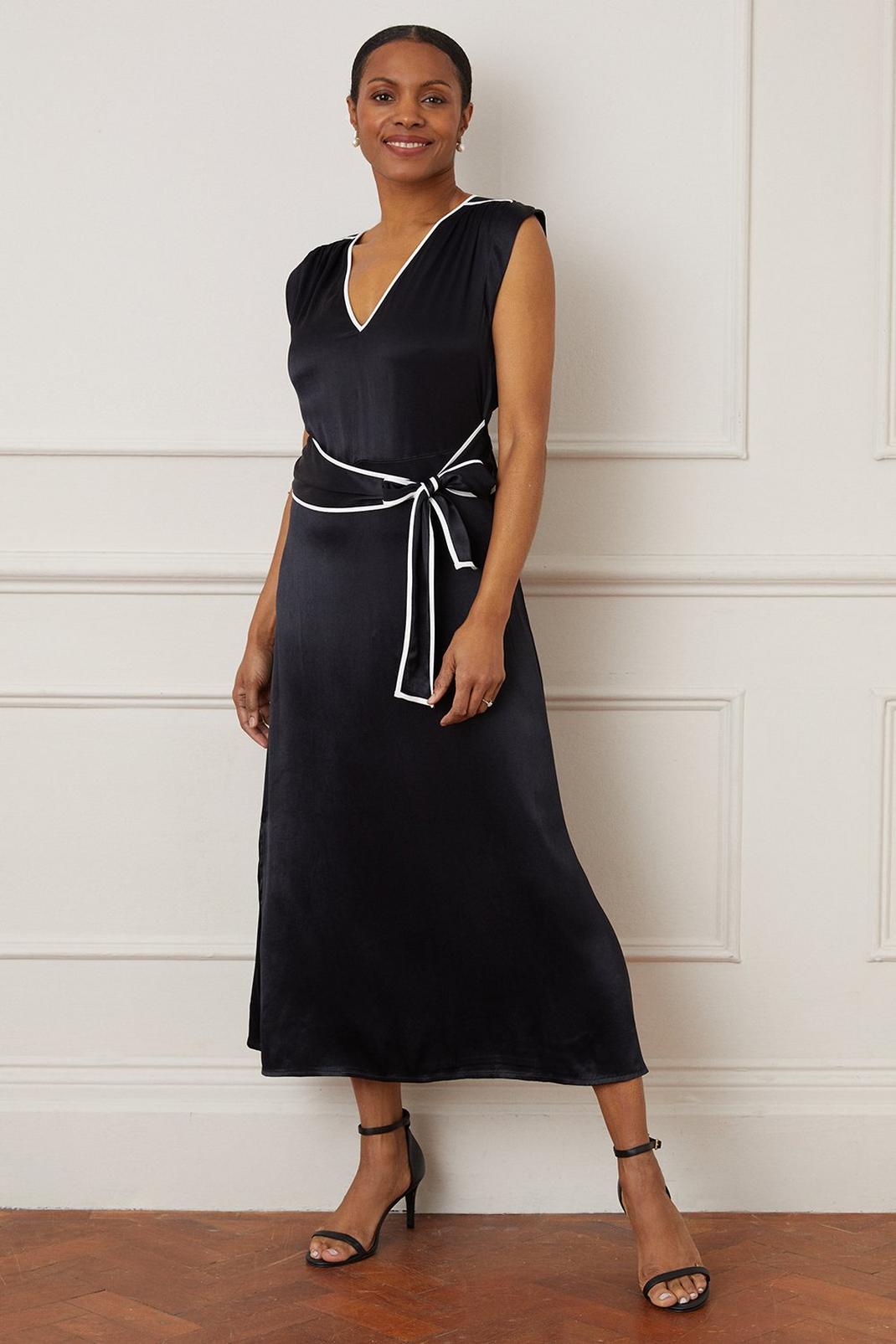 Black Premium Satin Contrast Belted Midi Dress image number 1