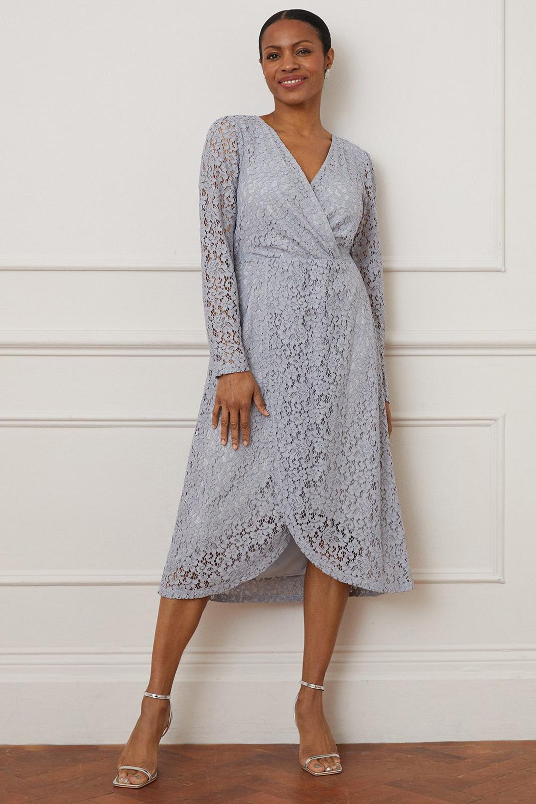 Grey Lace Gathered Wrap Midi Dress image number 1