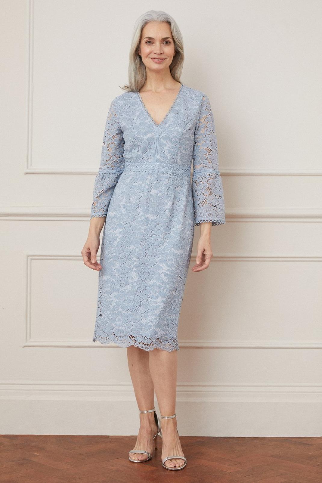 Cornflower blue Lace Flare Sleeve Midi Dress image number 1