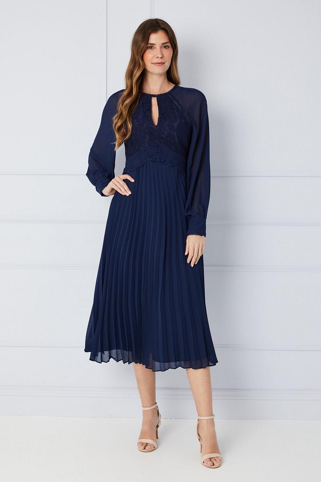 Navy Lace Insert Pleated Midi Dress image number 1