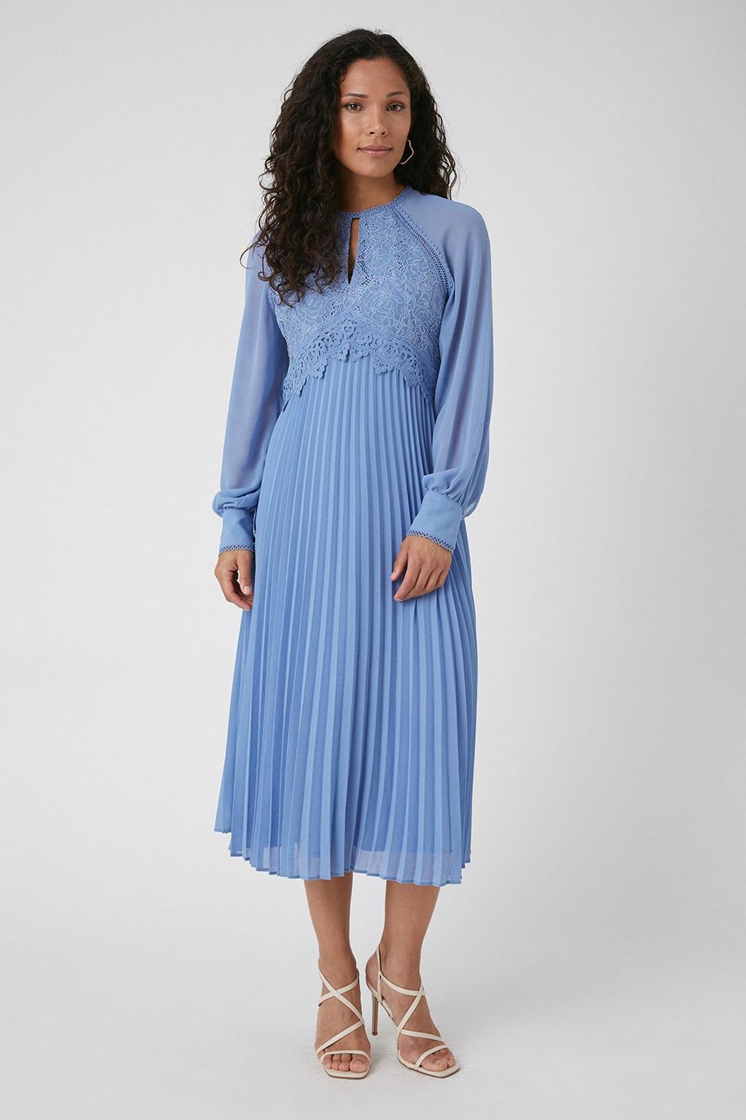 Cornflower blue Petite Lace Insert Pleated Midaxi Dress image number 1