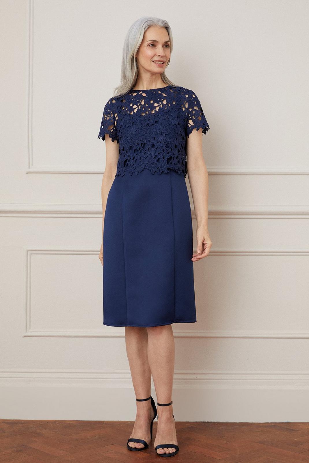 Navy Lace 2 In 1 Overlay Midi Dress image number 1