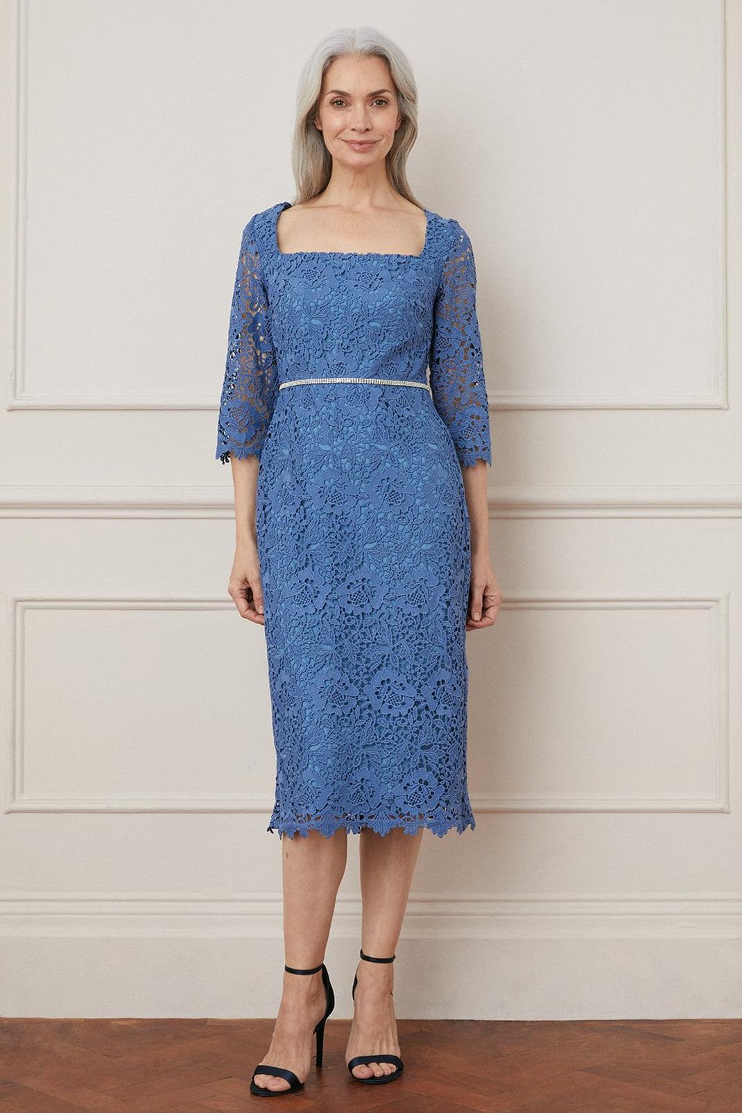 Blue Lace Embellished Waist Midi Dress image number 1