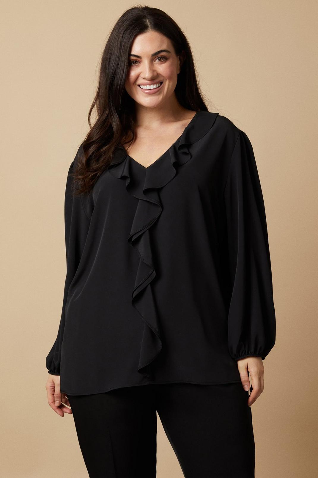 Black Curve Plain Ruffle Front Long Sleeve Top image number 1