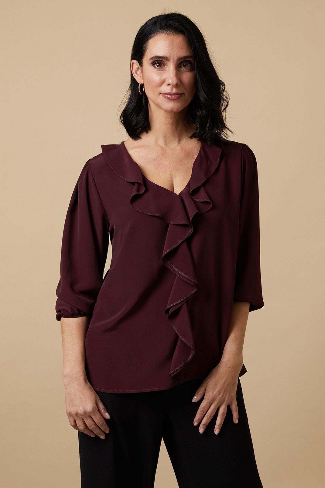 Berry Petite Plain Ruffle Front 3/4 Sleeve Top image number 1