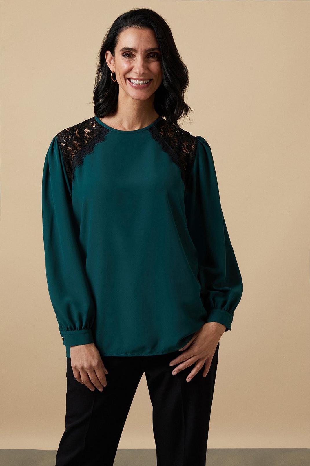 Forest Petite Lace Trim Long Sleeve Blouse image number 1