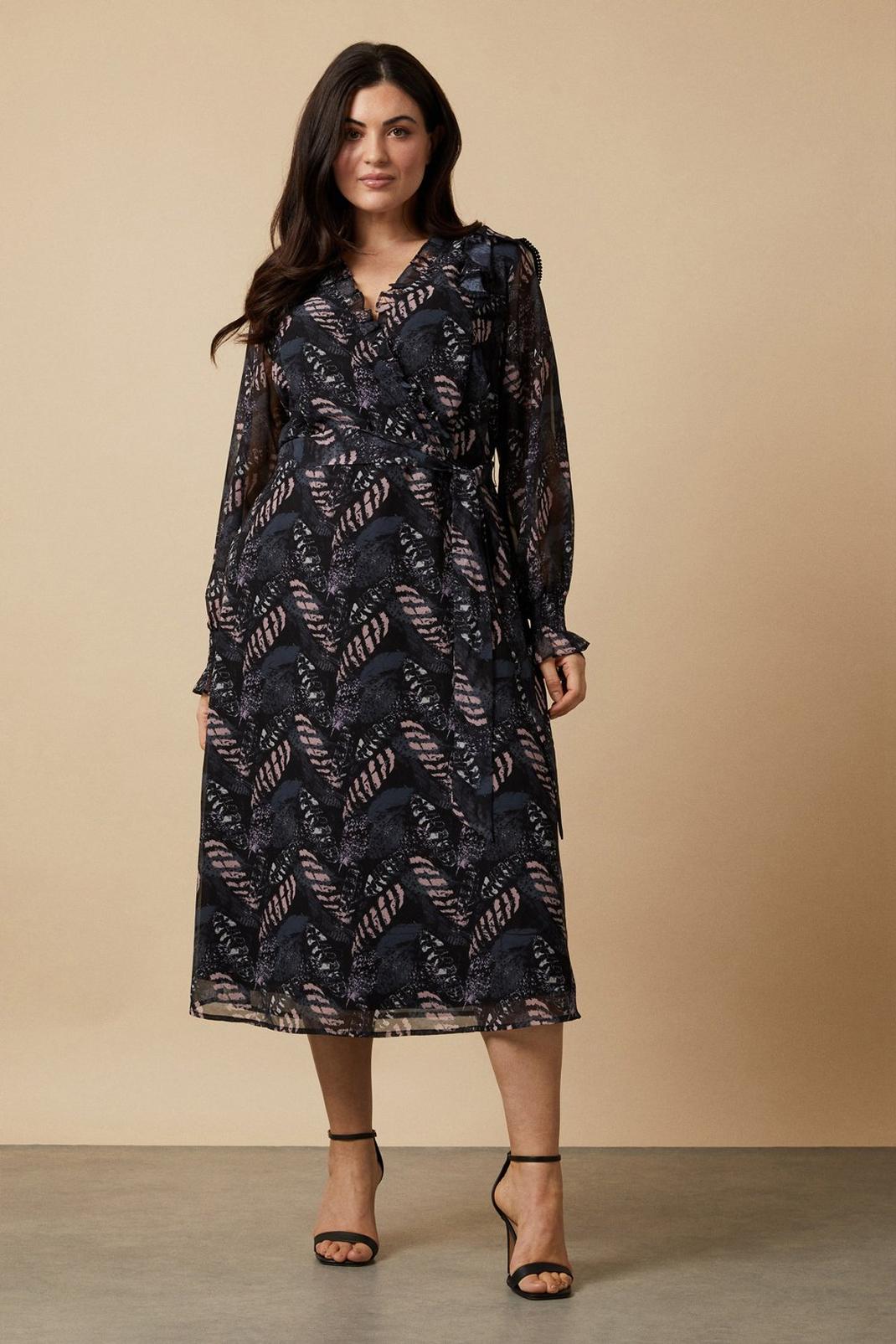 Curve Black Feather Wrap Belted Midi Dress image number 1