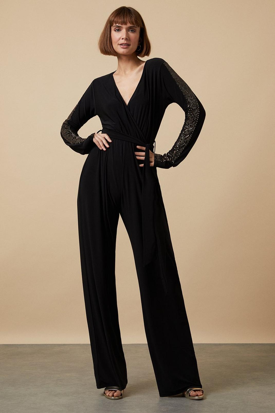 Gold Tall Sequin Insert Wrap Jumpsuit image number 1