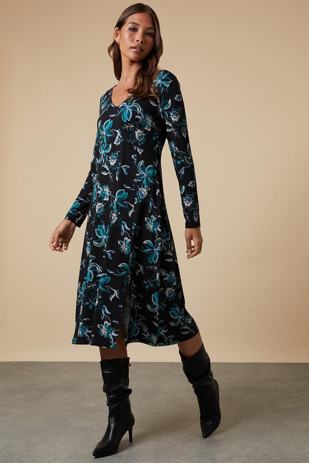 Black Teal Floral Jersey Midi Dress image number 1