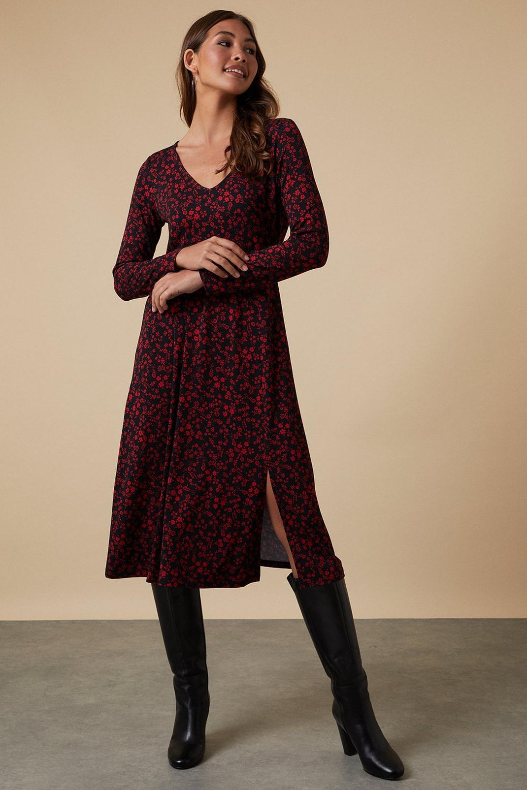 Black Red Ditsy Jersey Midi Dress image number 1