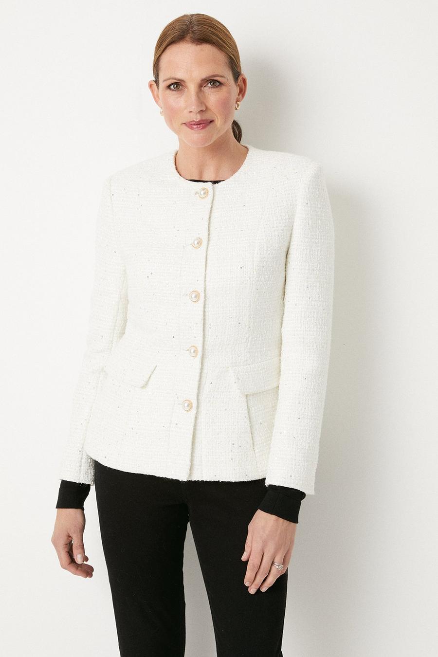 Ivory Collarless Button Through Boucle Jacket