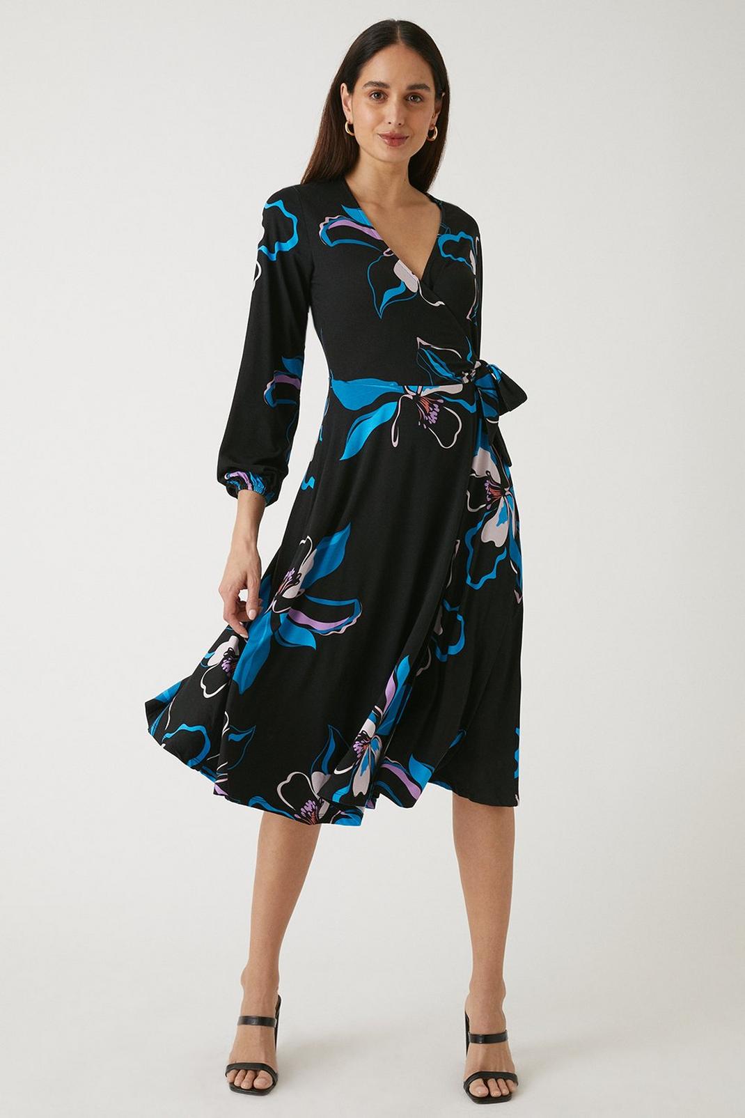 Black Blue Floral Jersey Wrap Midi Dress image number 1