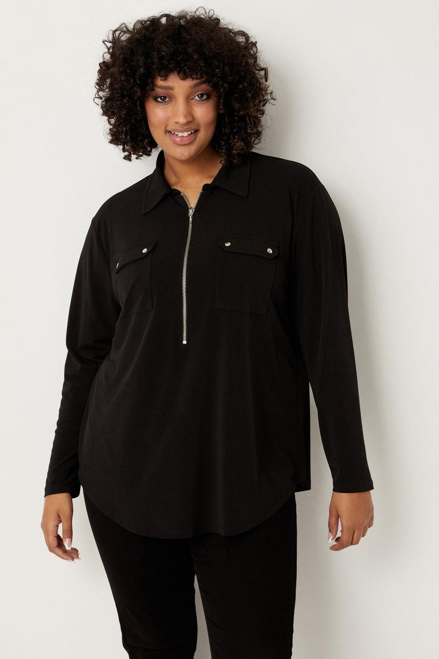 Curve Black Jersey Pocket Detail Shirt