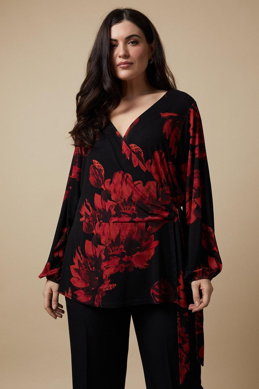 Curve Red Floral Jersey Wrap Top