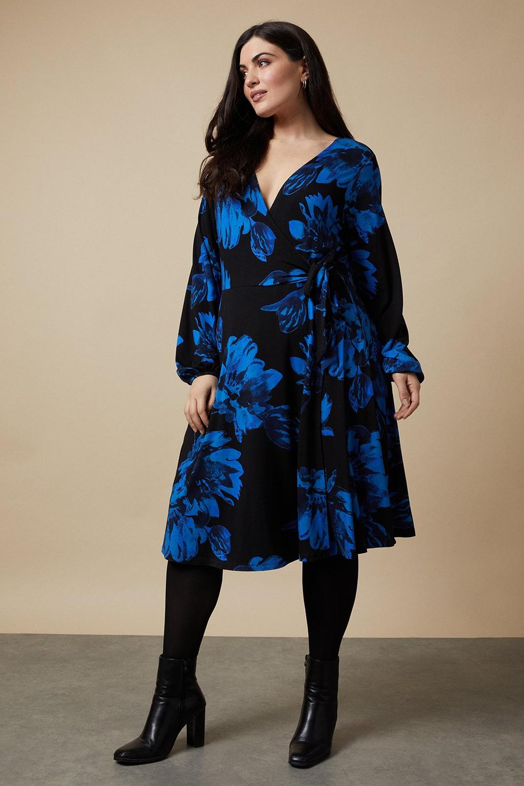 Black Curve Blue Floral Jersey Wrap Midi Dress image number 1