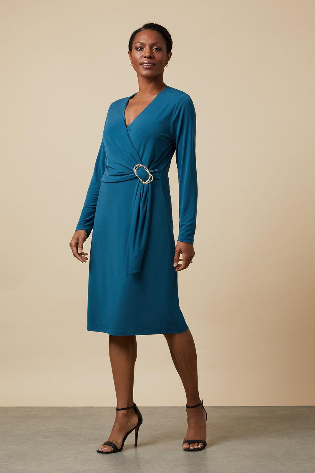 Teal Buckle Jersey Wrap Midi Dress image number 1