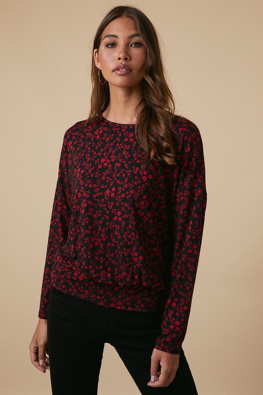 Red Ditsy Jersey Bubble Hem Top image number 1