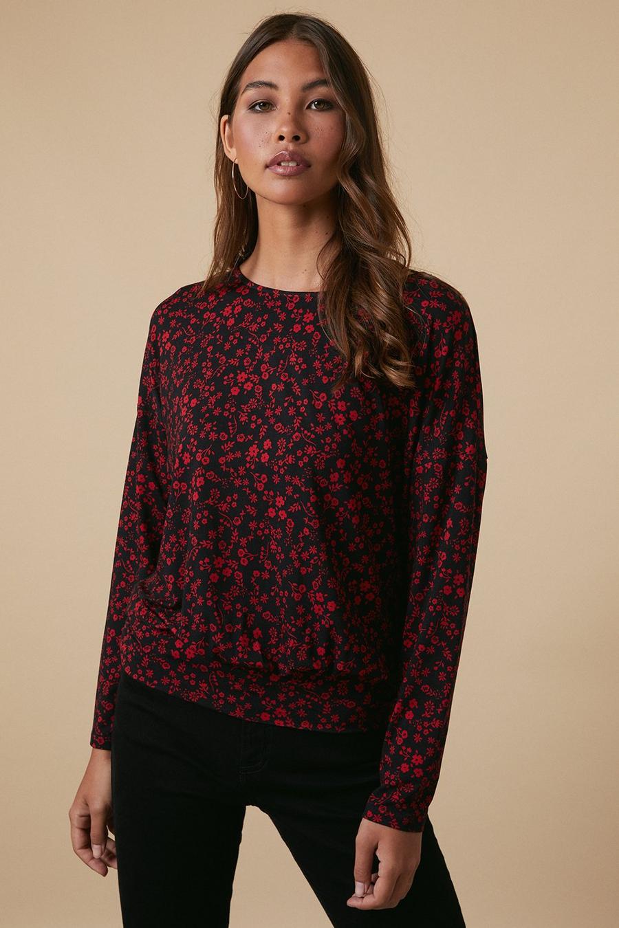 Red Ditsy Jersey Bubble Hem Top