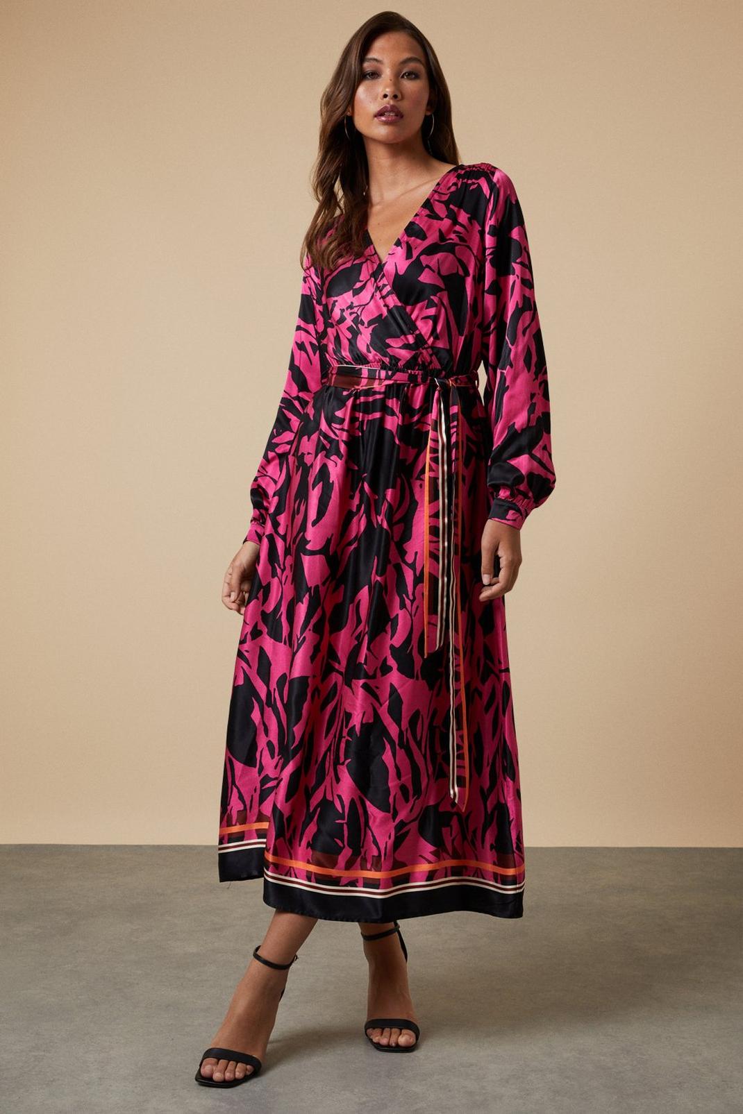 Pink Printed Viscose Satin Wrap Belted Midi Dress image number 1