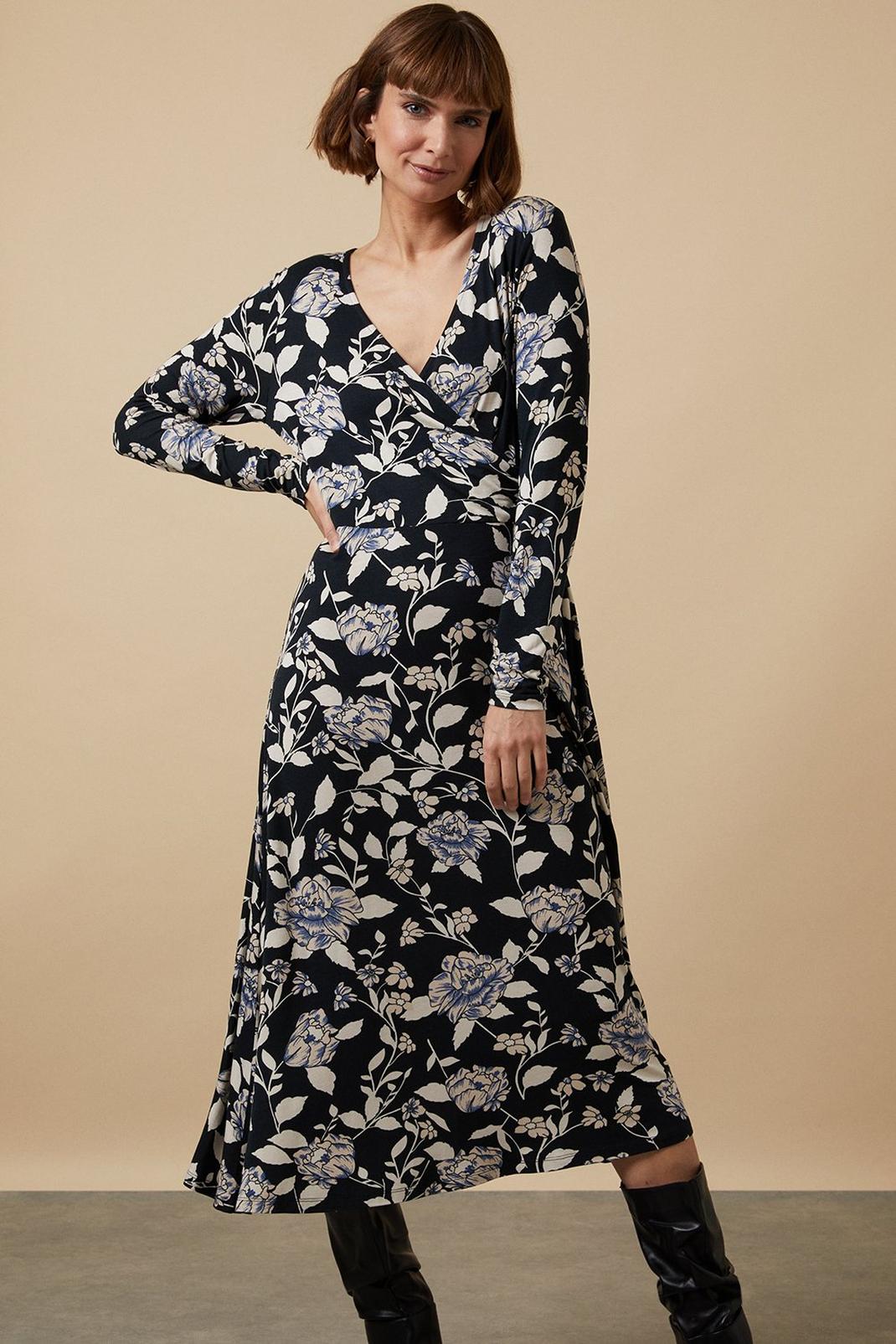 Black Mono Floral Jersey Wrap Dress image number 1