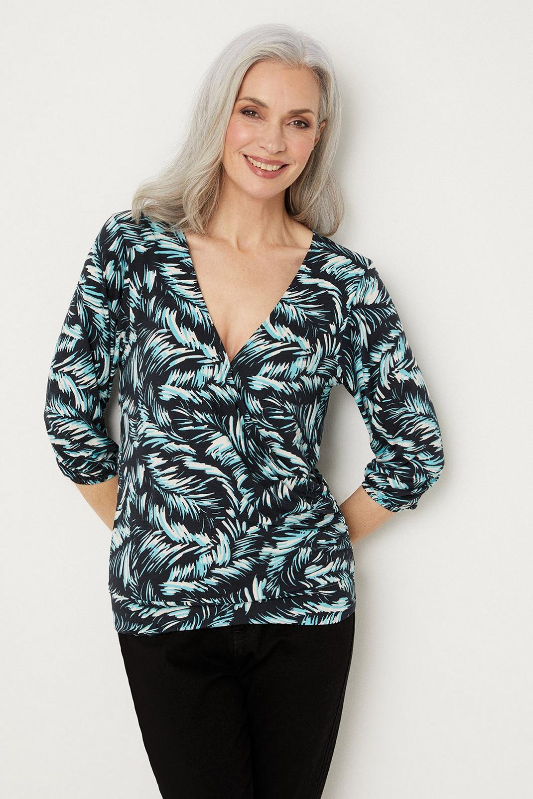 Green Palm Print Jersey Wrap Top image number 1