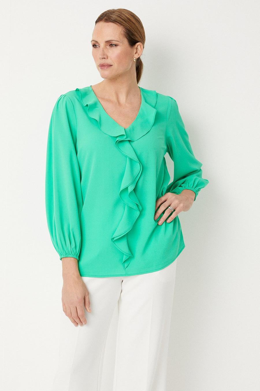 Green Ruffle Front Blouse