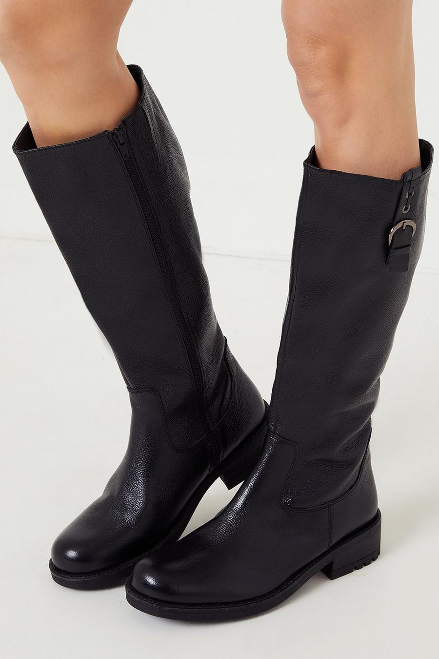 Leather Winnie Buckle Detail Knee High Boots