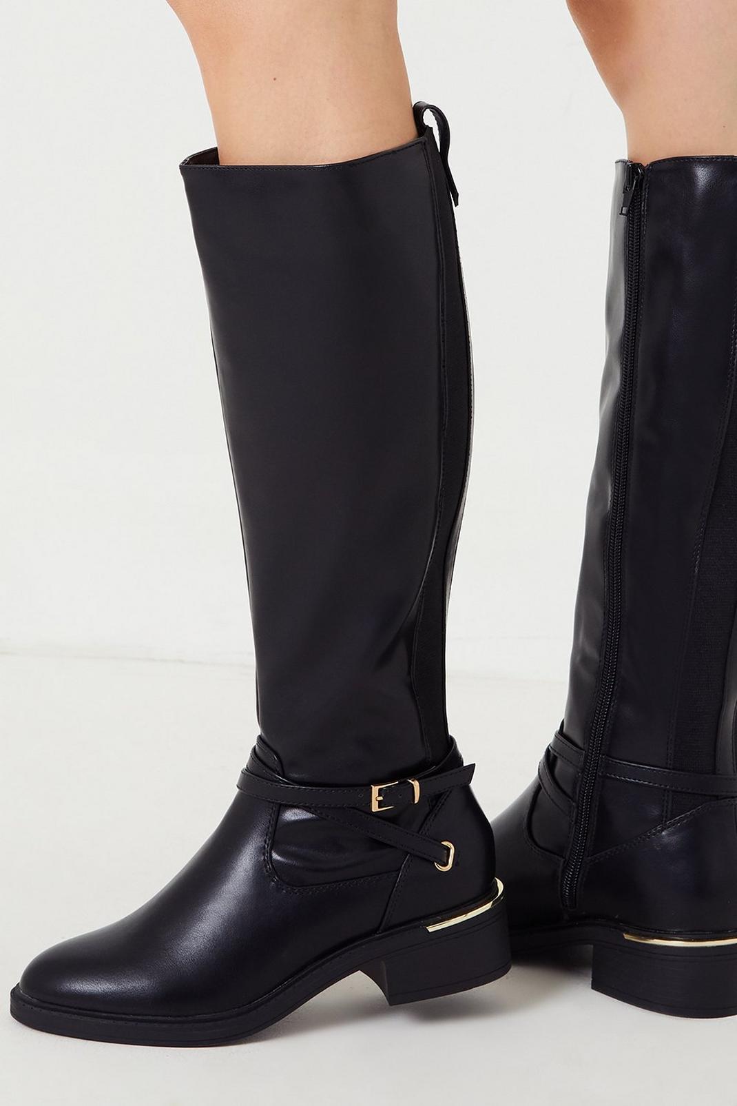 Black Hana Ankle Strap Detail Knee High Boots image number 1