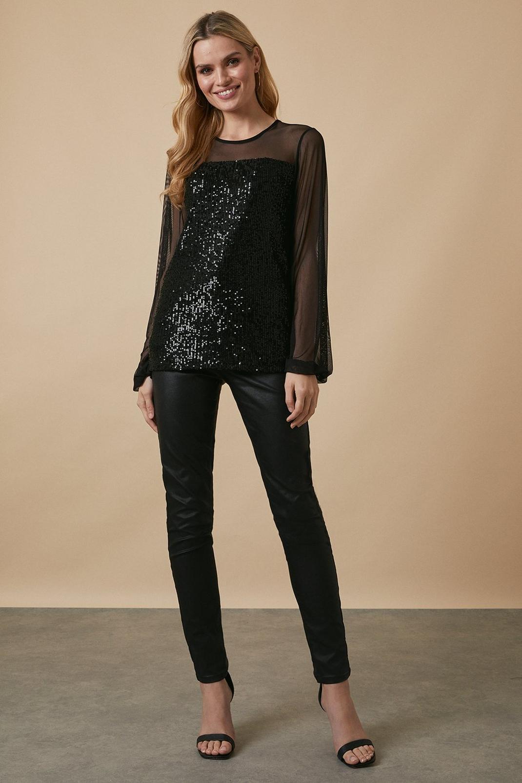 Tall Black Sequin Sheer Insert Top image number 1