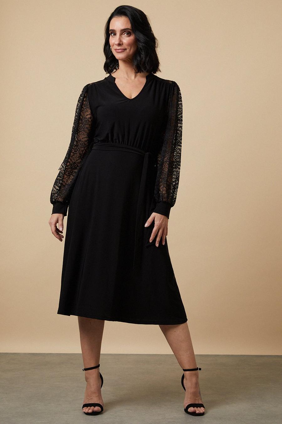Petite Black Lace Sleeve Belted Jersey Midi Dress