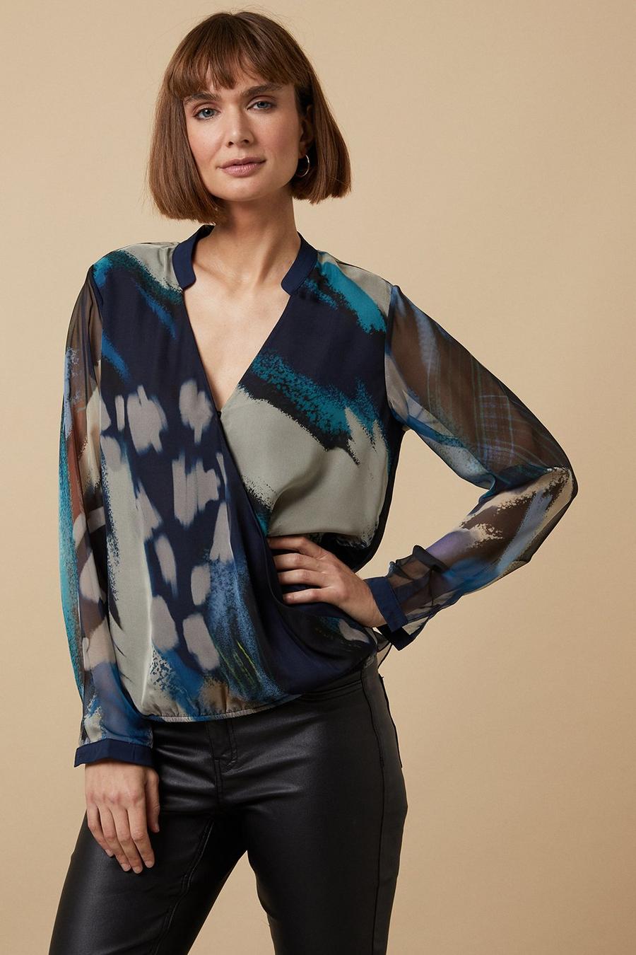 Teal Abstract Long Sleeve Wrap Top