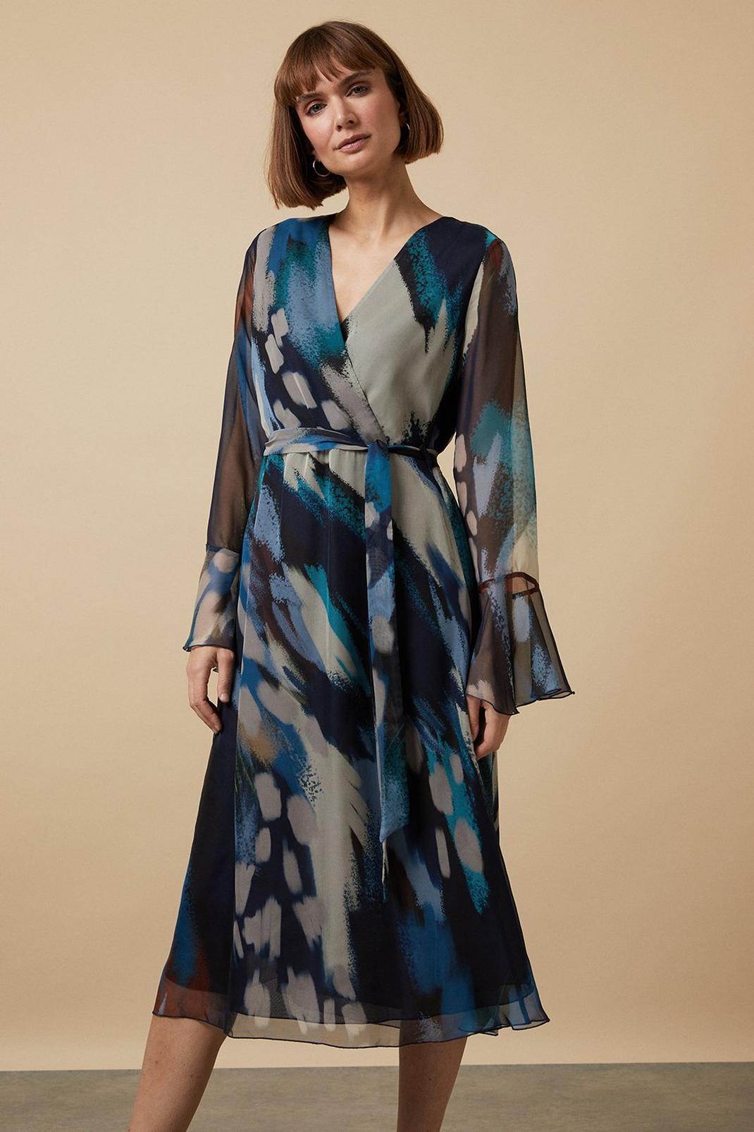 Teal Abstract Belted Wrap Midi Dress image number 1