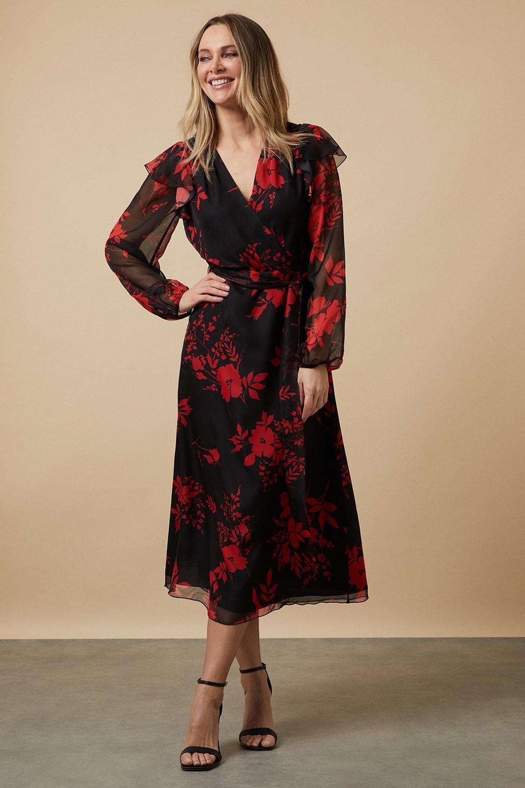 Black Red Ditsy Ruffle Belted Wrap Midi Dress image number 1