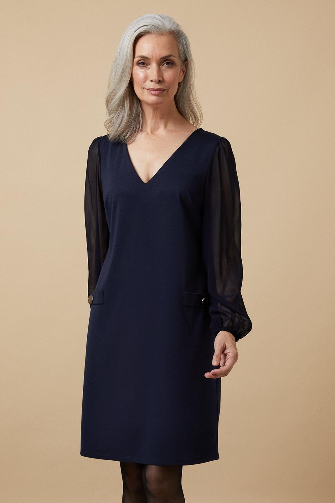 Navy Ponte Shift Dress With Sheer Sleeves image number 1