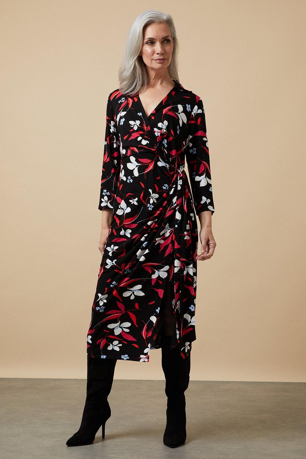 Black Floral Wrap Jersey Shirt Midi Dress image number 1