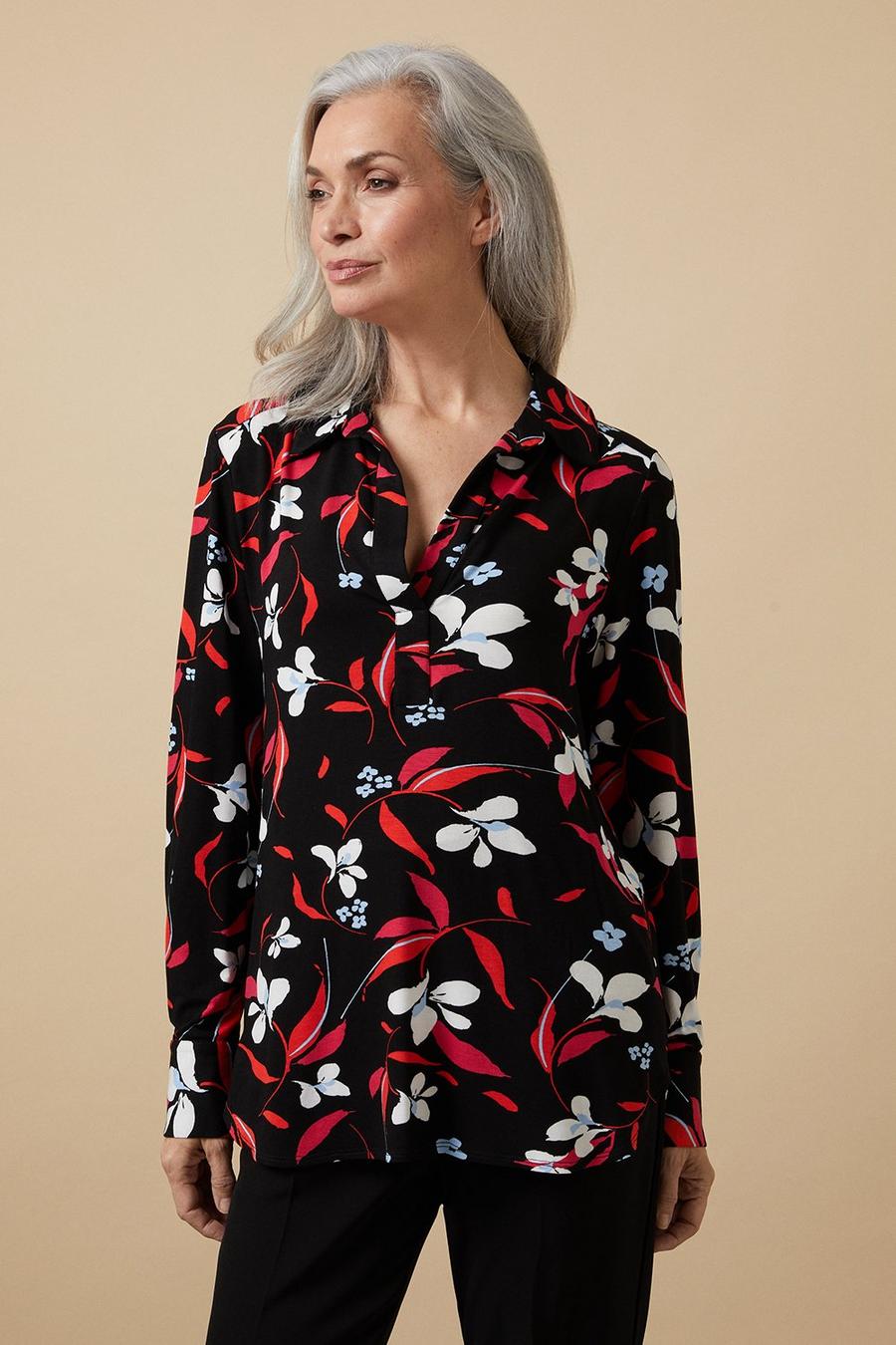 Black Floral Collared Jersey Shirt