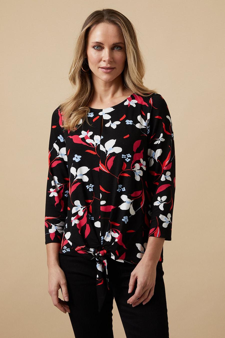 Black Floral Key Hole Tie Front Jersey Top