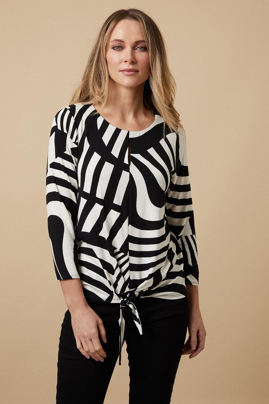 Mono Graphic Key Hole Tie Front Jersey Top