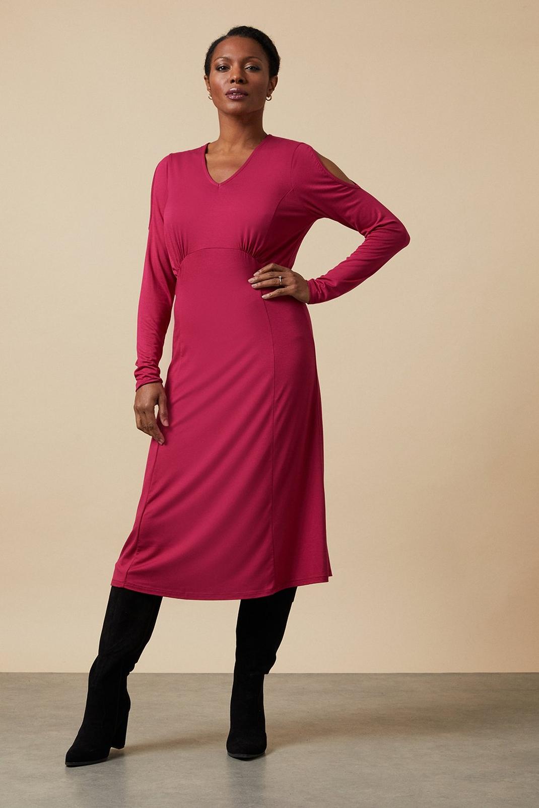 Dark Pink Jersey Cold Shoulder Midi Dress image number 1