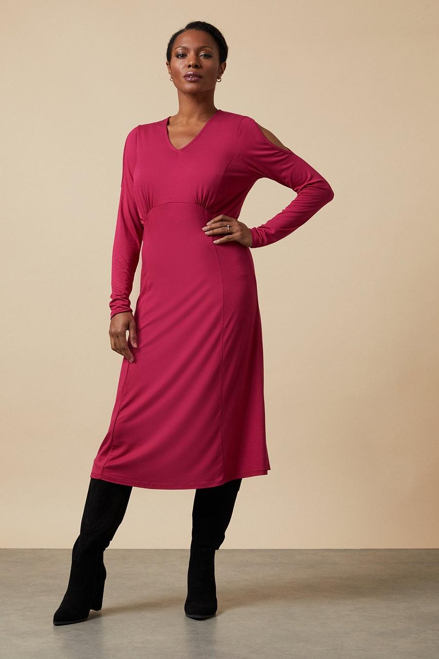 Dark Pink Jersey Cold Shoulder Midi Dress