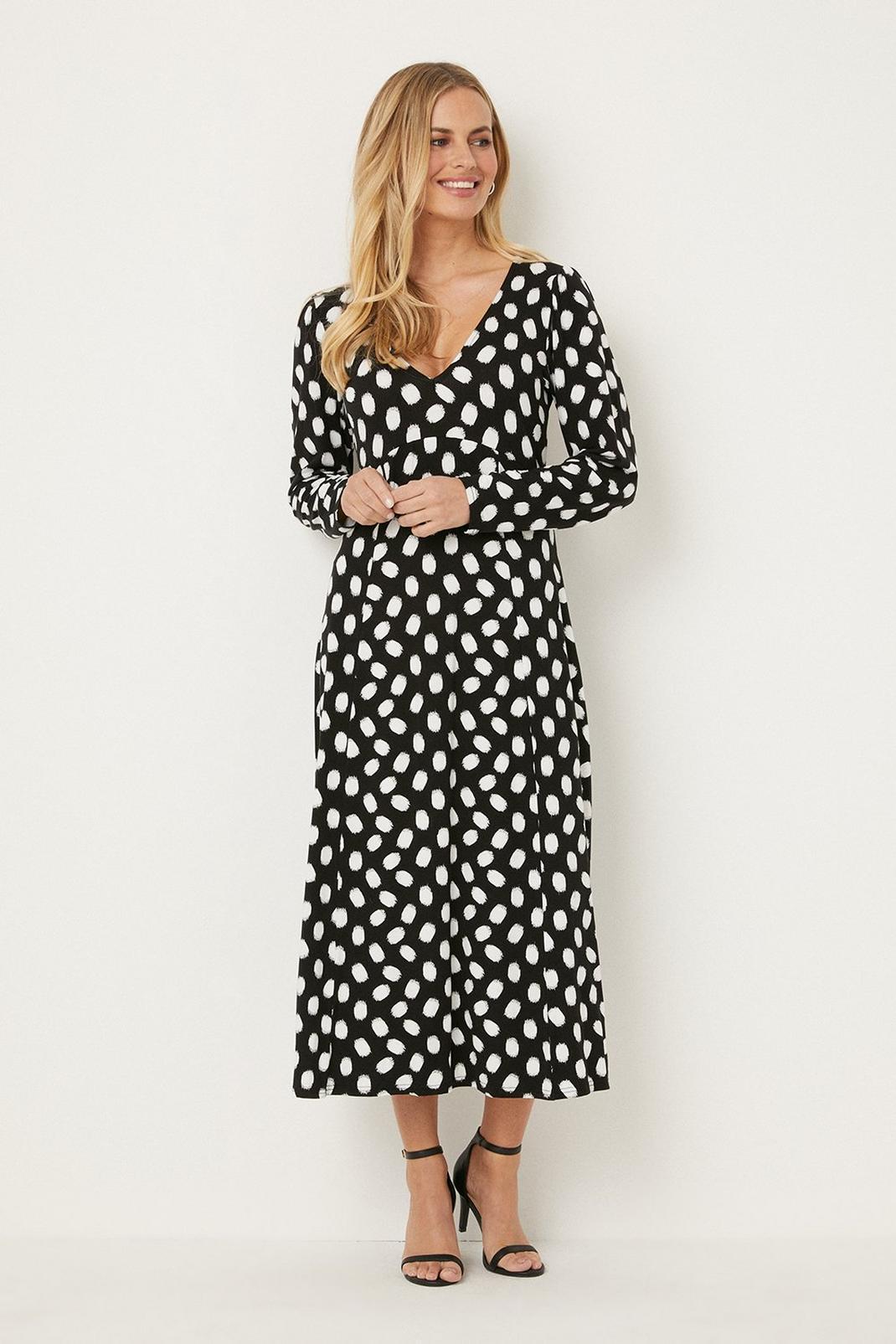 Black Petite Mono Polka Dot Split Hem Jersey Midi Dress image number 1
