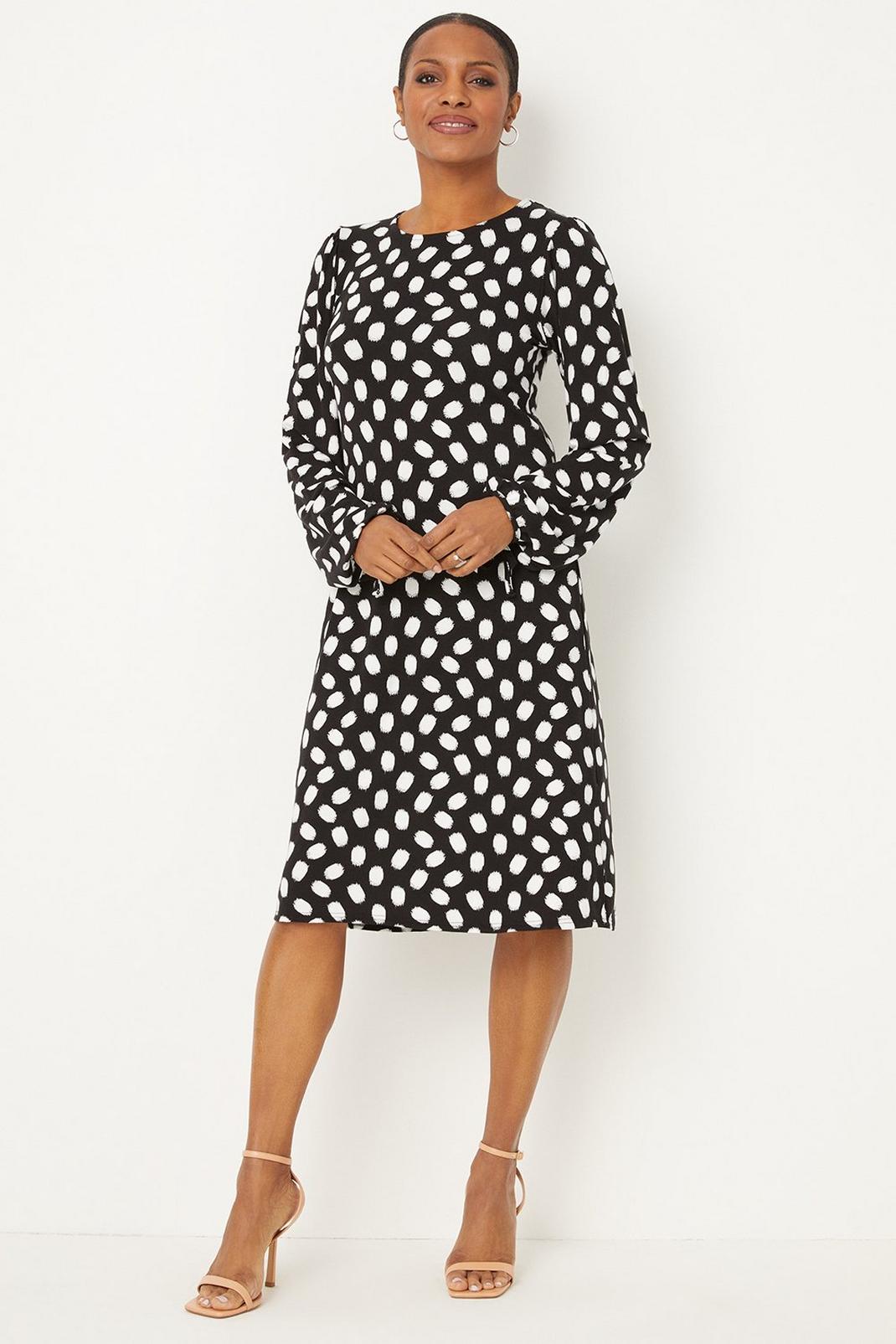 Black Tall Mono Polka Dot Tie Cuff Jersey Shift Dress image number 1
