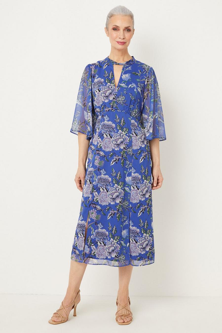 Blue Floral Twist Neck Midi Dress