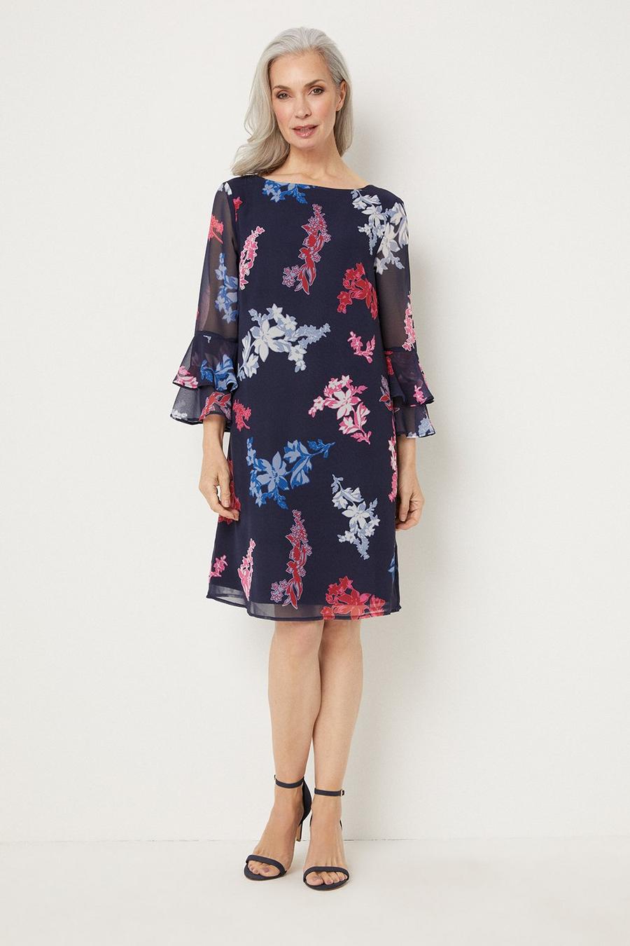 Navy And Pink Floral Fluted Shift Dress