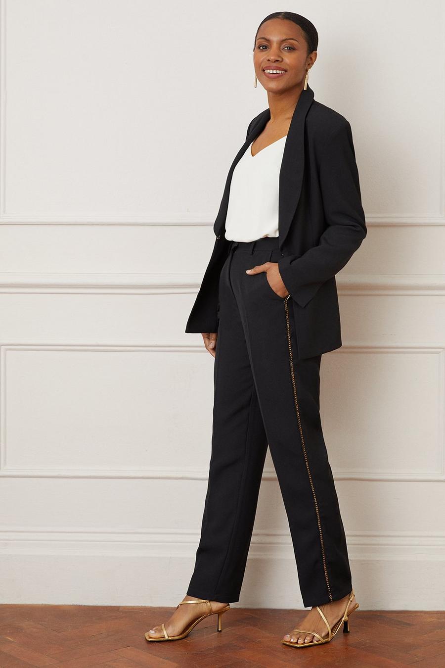 Black Chain Detail Tapered Suit Trousers