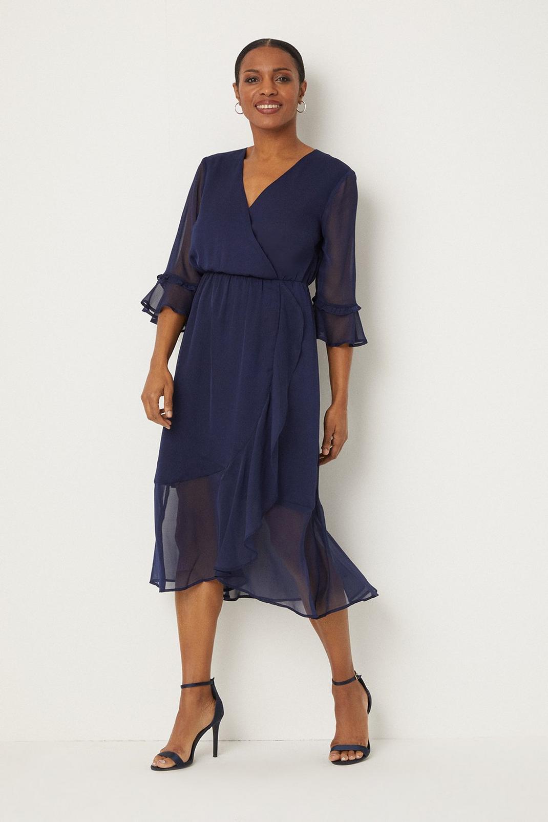 Navy Frill Front Midi Dress image number 1