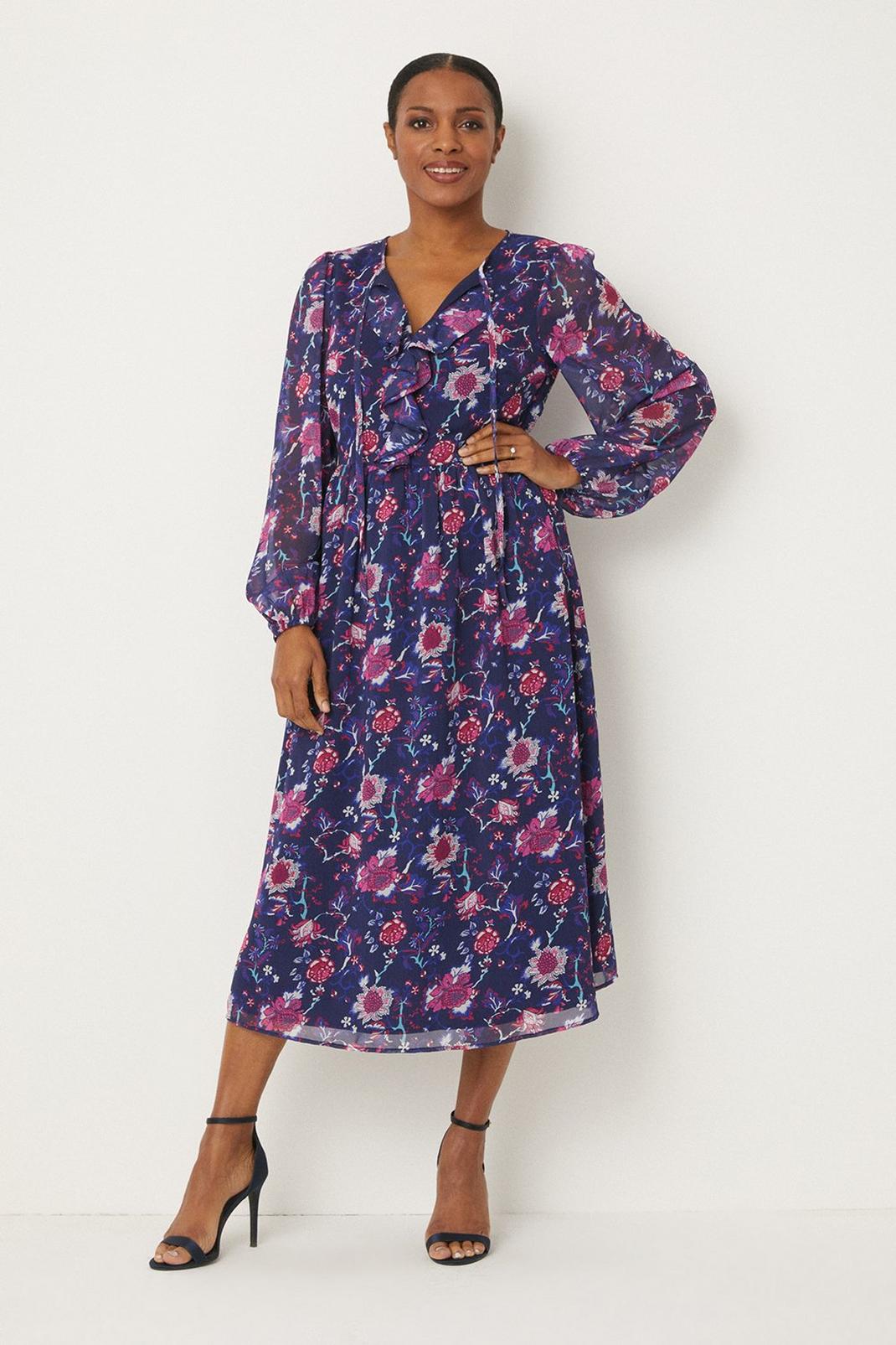 Navy Floral Ruffle Midi Dress image number 1