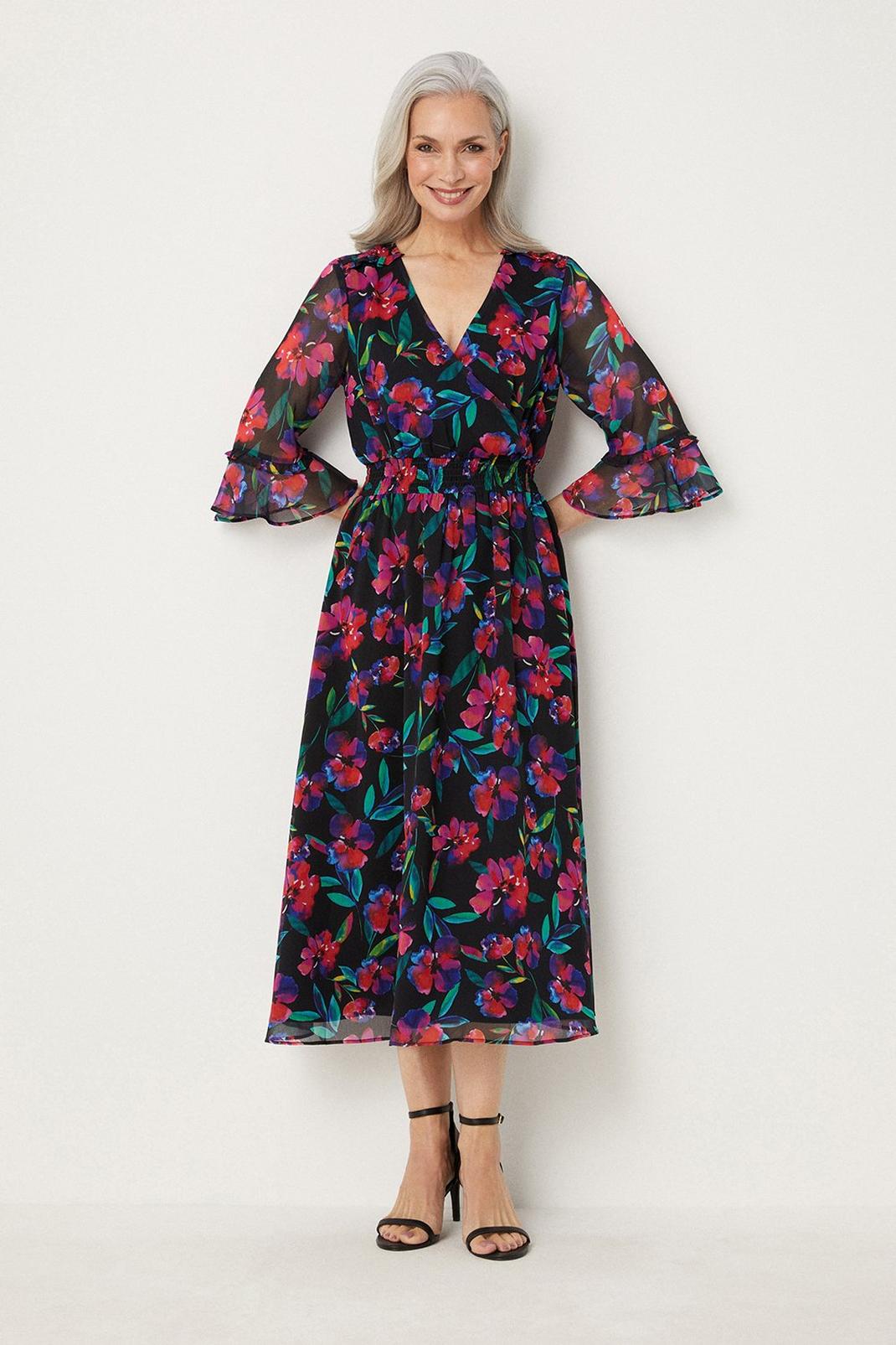 Navy Floral Midi Dress With Shirring image number 1